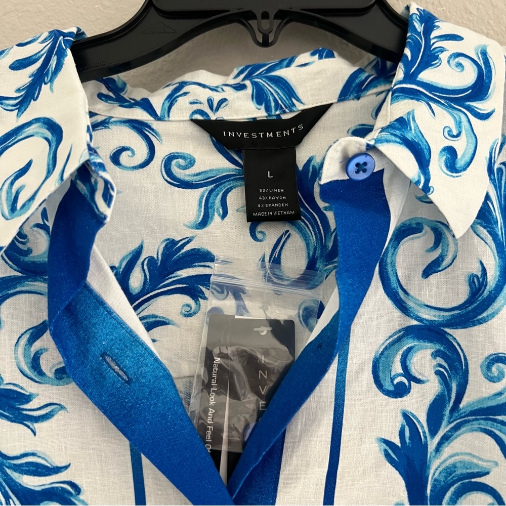 Investment Linen Button Down Shirt Blue White Scroll Print NWT Size L - Picture 4 of 8